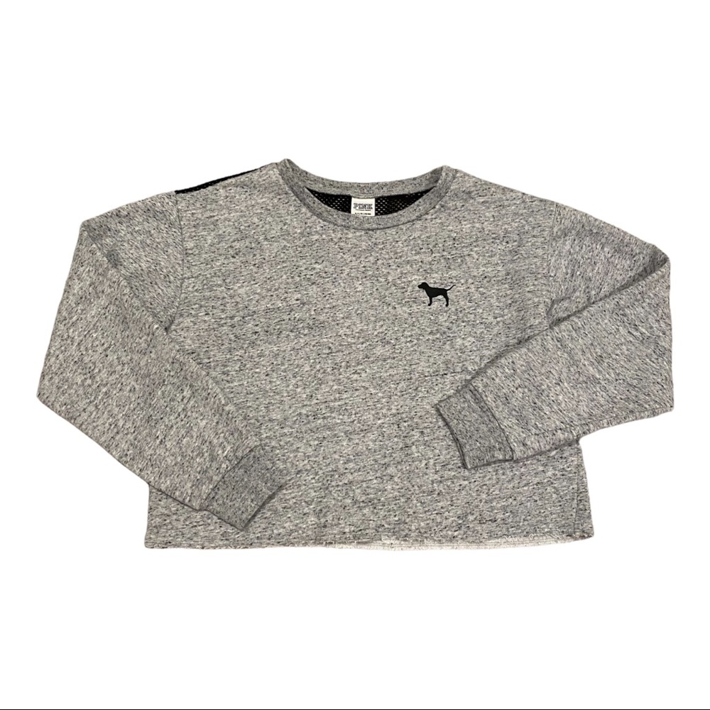 Victoria’s Secret PINK Gray Raw-edge Crop Crewneck Sweatshirt + Black Mesh